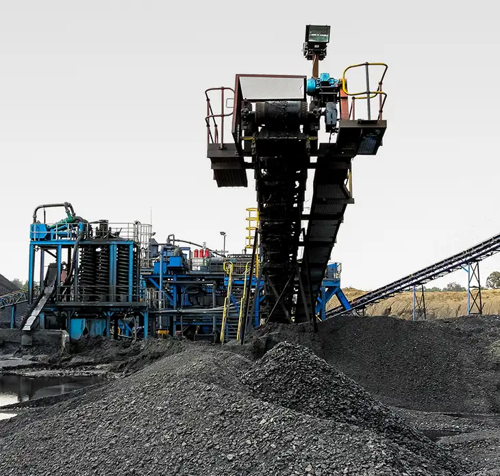 Coal washing plant with conveyor systems and stockpiles using magnetite dense media separation supplied by Universal Minerals Inc